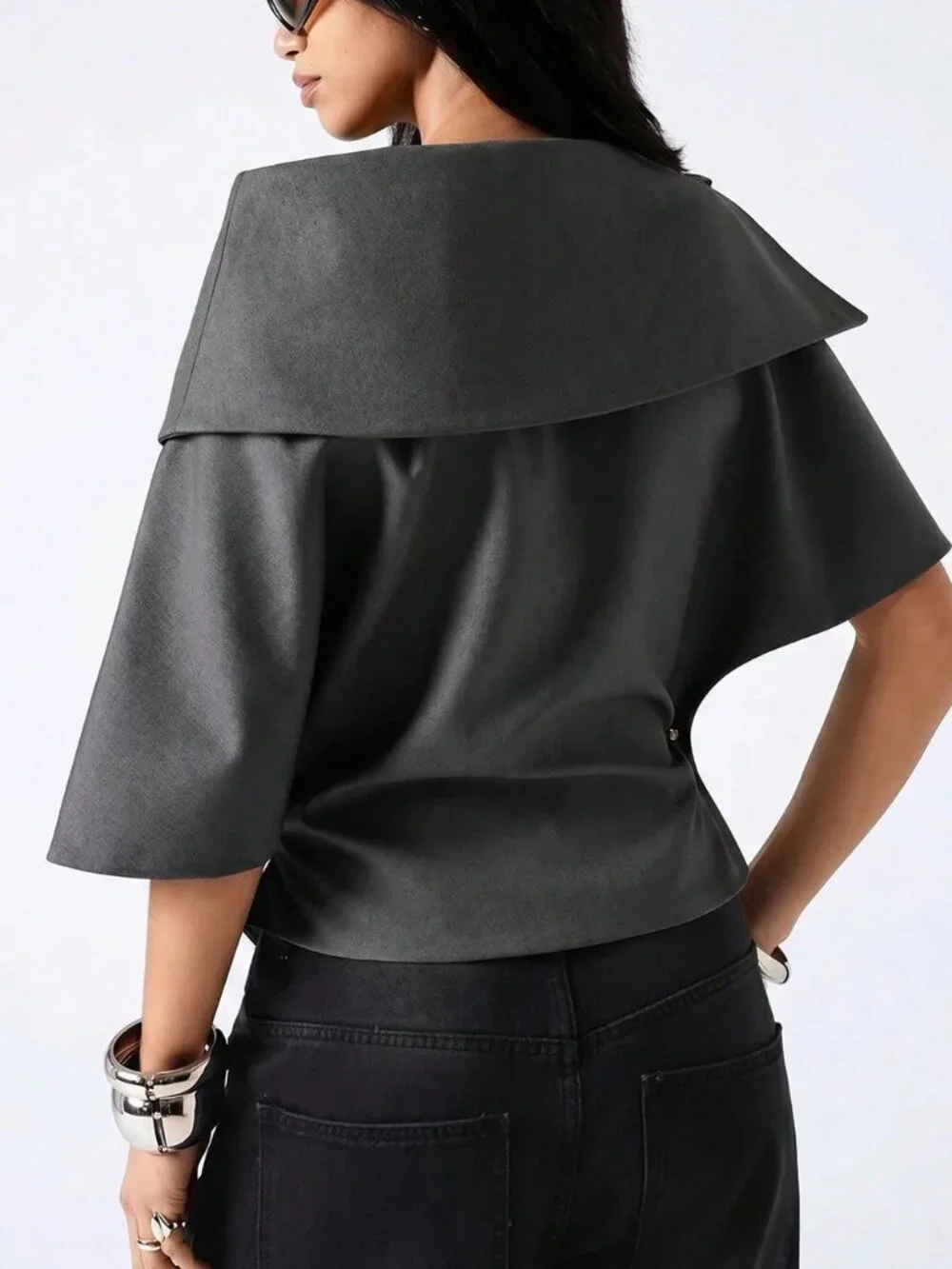 Dark Grey Casual Women's Asymmetric Neck Short Sleeve Top
